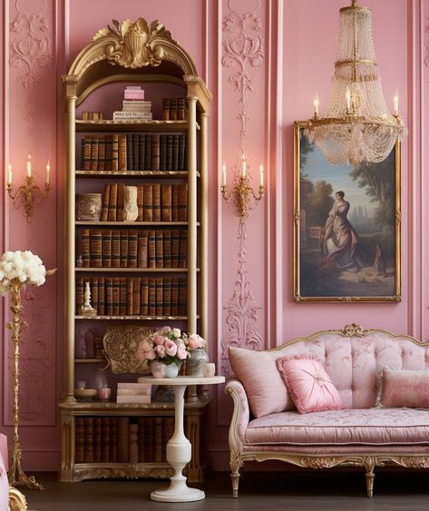 Reading Room Decor | Reading Room  Ideas Cozy small Brigerton Inspired Room, French Princess Room, Pink French Office, Rococo Apartment Aesthetic, Brigerton Interior, Bridgerton Room Decor Ideas, Princesscore Living Room, Bridgeton Room Aesthetic, Baroque Bookshelf