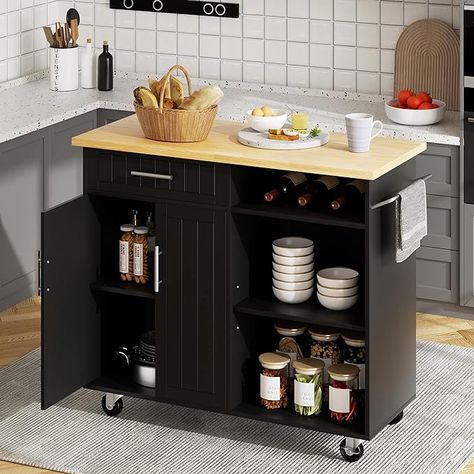 Amazon.com: SUNLEI Kitchen Island on Wheels with Storage Cabinet & Drawer, 42" Multifunction Kitchen Cart Cabinet with Shelves, Cart Handle for Towel Rack or Free Mobility, Portable Islands for Kitchen(Black) : Home & Kitchen Portable Island, Kitchen Carts On Wheels, Portable Kitchen Island, Cart On Wheels, Kitchen Island On Wheels, Island Cart, Black Kitchen Island, Rolling Kitchen Island, Kitchen Island Cart