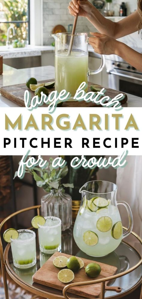 A margarita pitcher recipe displayed on a bar cart alongside glasses of margarita for serving guests. Margarita For Party, Prosecco Margarita Drink Recipes, Pitcher Spicy Margarita Recipe, Margarita Recipes Spicy, Pitcher Strawberry Margarita Recipe, Chuys Margarita Recipe, Homemade Margaritas Pitcher, 2 Gallon Margarita Recipe, Mason Jar Margaritas