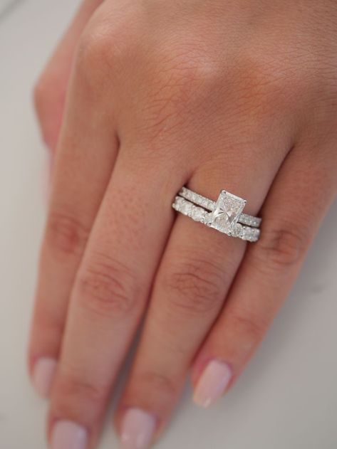 Wedding Bands For Women Radiant Cut, Stacked Wedding Rings White Gold, Wedding Ring Stack Radiant Cut, Silver Engagement Ring With Gold Wedding Band Stack, Wedding Ring Stack Silver, Wedding Band For Radiant Engagement Ring, Engagement Rings 101, Square Wedding Rings, Thick Wedding Bands