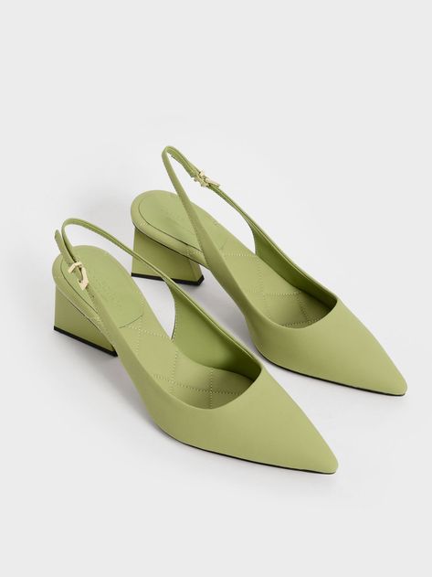 Green Leather Pointed Toe Slingback Pumps Classy Slippers, Nice Flat Shoes, Elegant Shoes Heels, Comfy Heels, Shoes Heels Classy, Classic Style Outfits, Shoes Outfit Fashion, Heels Classy, Chic Shoes