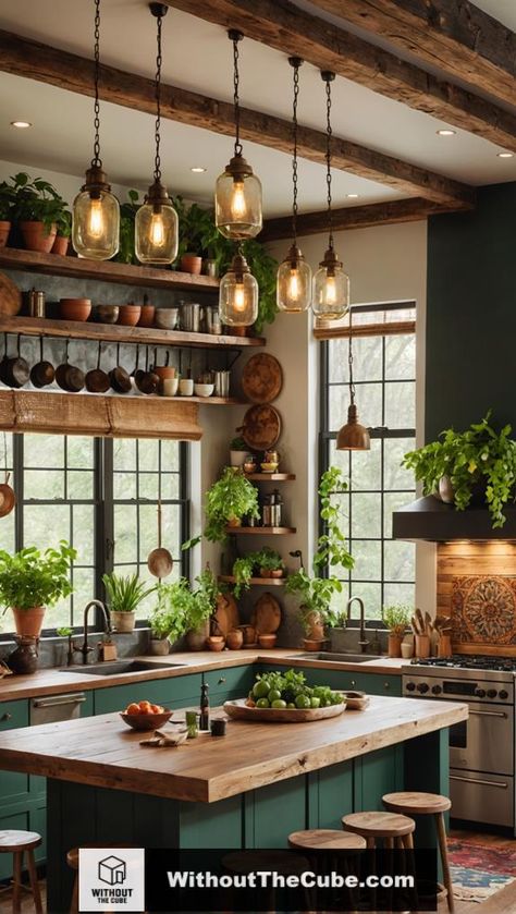 The vibrant kitchen makeover showcases a stunning transformation that embraces a bohemian aesthetic, turning a dull and outdated space into an inviting and colorful centerpiece perfect for gatherings. This impressive renovation highlights unique lighting, bold colors, and eclectic decor, inviting you to explore the details that make it truly exceptional. #HomeDecor #KitchenDesign #BohemianKitchen #BohoStyle #EclecticHome #LightingIdeas Open Light Kitchen, Organic Boho Kitchen, Cozy Kitchen Window, Earthy Small Kitchen, Kitchen Mood Lighting, Kitchen Ideas Colorful, Earthy Kitchen Design, Eclectic Kitchen Bohemian, Bohemian Kitchens