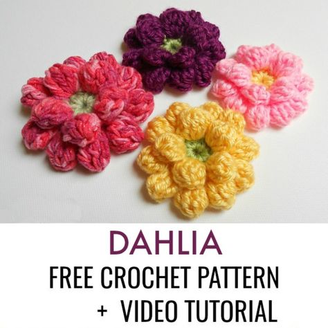 Learn how to crochet this beautiful Dahlia Crochet Flower with the free pattern from My Hobby is Crochet and the supportive video tutorial filmed by Crochet with Clare. Crochet Dahlia Flower Free Pattern, Dahlia Crochet Pattern Free, Crochet Camelia Flower, Crochet Flowers Free Pattern Maggie's Crochet, Crochet Camellia Flower Pattern, Crochet Embellishments, Knitted Flowers, Crochet Flower Tutorial, Dahlia Flower