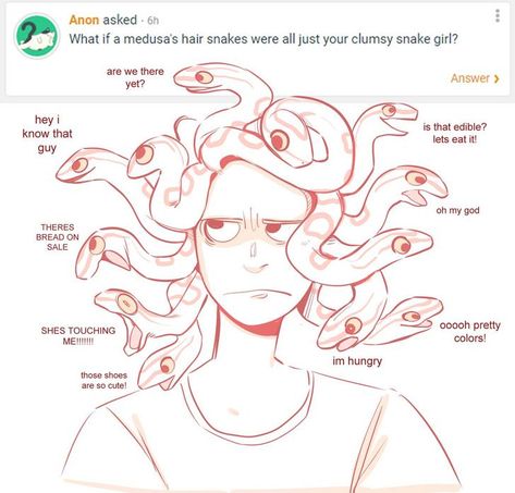 Medusa but her hair is cute and silly - Album on Imgur Body Base Drawing Female Dress, Songs As Characters, Fantasy Species Humanoid, Greek Mythology Humor, Bd Comics, Wow Art, Cute Comics, Greek Mythology, Creature Art