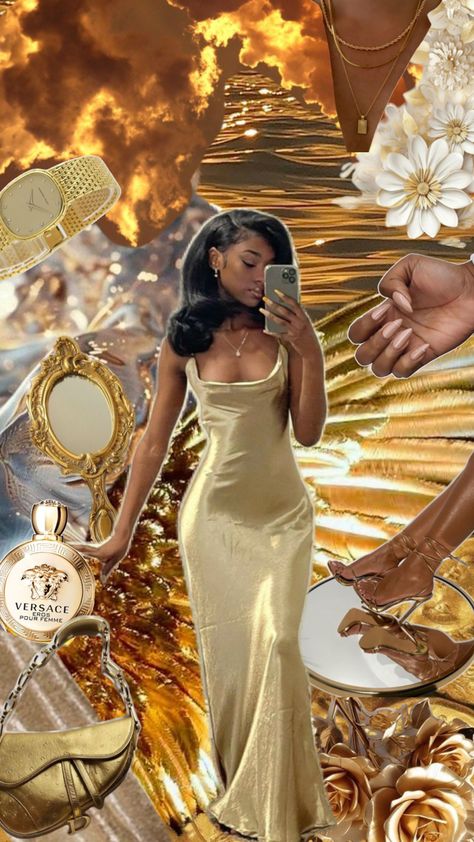 1.	Vision board featuring a beautiful Black woman in a golden Versace-inspired dress, Versace Eros Pour Femme perfume, Dior saddlebag, Piguet watch, luxury mirrors, white and gold flowers, nude and natural summer nails, and a glamorous blowout hairstyle. 	2.	Gilded glamour vision board with a stunning Black woman in a golden dress, Versace Eros Pour Femme perfume, Dior saddlebag, Piguet watch, elegant mirrors, white and gold flowers, nude summer nails, and old Hollywood blowout hairstyle. Natural Summer Nails, Glam Party Outfit, Hollywood Glamour Party, Hollywood Glam Dress, Versace Eros Pour Femme, Gilded Glamour, Glamour Party, Classy Prom, Glamour Outfit