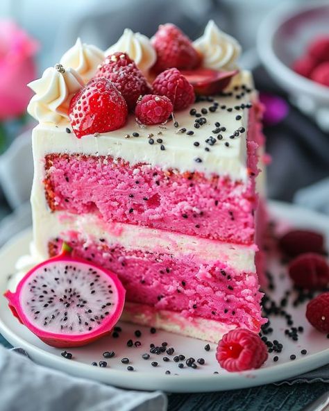 Seriously, this 'dragon fruit' cake disappeared faster than you can say 'yum' Dragon Fruit Cake Recipe, Asian Fruit Cake, Fruit Flavored Cakes, Dragonfruit Desserts, Dragonfruit Cake, Dragon Fruit Cake, Dragon Fruit Aesthetic, Dragon Fruit Recipe, Dragon Fruit Recipes