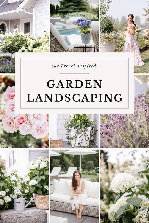 nine photos of French inspired garden landscaping, including lavender, hydrangeas, roses and many more Hydrangeas And Roses Landscape, French Garden Landscaping, French Country Landscaping, Country Garden Landscaping, French Cottage Garden, Fraiche Living, French Garden Design, Rose Garden Landscape, Landscaping With Roses