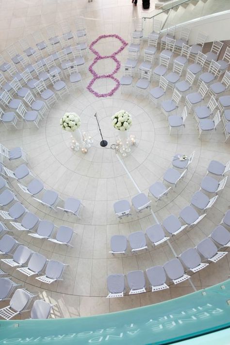 Circle wedding ceremony set up at segerstrom center for the arts, photo by Jules Bianchi  | junebugweddings.com Circular Wedding Ceremony Seating, Circle Ceremony, Ceremony Layout, Jules Bianchi, Wedding Ceremony Seating, Purple Things, Seating Ideas, Ceremony Seating, Keynote Speaker