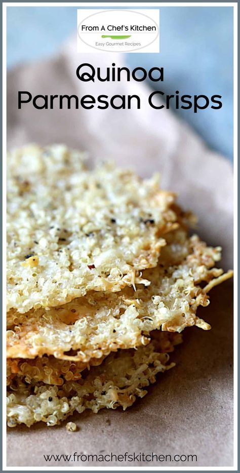 Quinoa Parmesan Crisps are an easy, tasty protein-rich snack your whole family will love!  They're also perfect with a crisp glass of wine at your next get-together!  #quinoa #parmesan #snack #appetizer Quinoa Parmesan, Seed Crackers Recipe, Homemade Crackers Recipe, Quinoa Bites, Protein Rich Snacks, Parmesan Crisps, Homemade Crackers, Homemade Condiments, Cheese Crisps