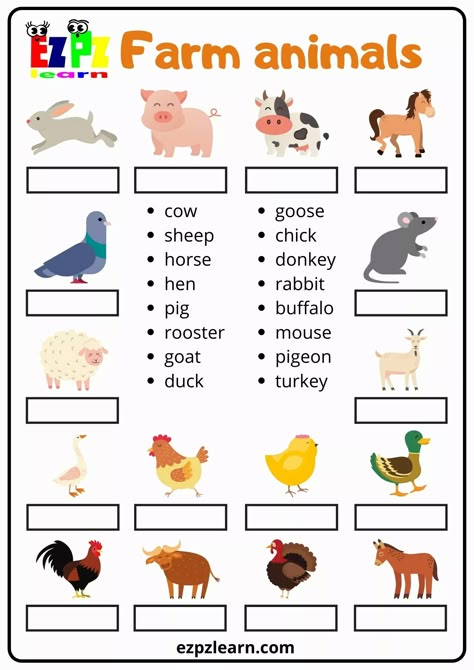 WorkSheets - Ezpzlearn.com Food Crossword, Animal Dictionary, Farm Animals For Kids, English Animals, Animals Worksheet, Farm Animals Activities, Basic French Words, English Activities For Kids, Animal Worksheets