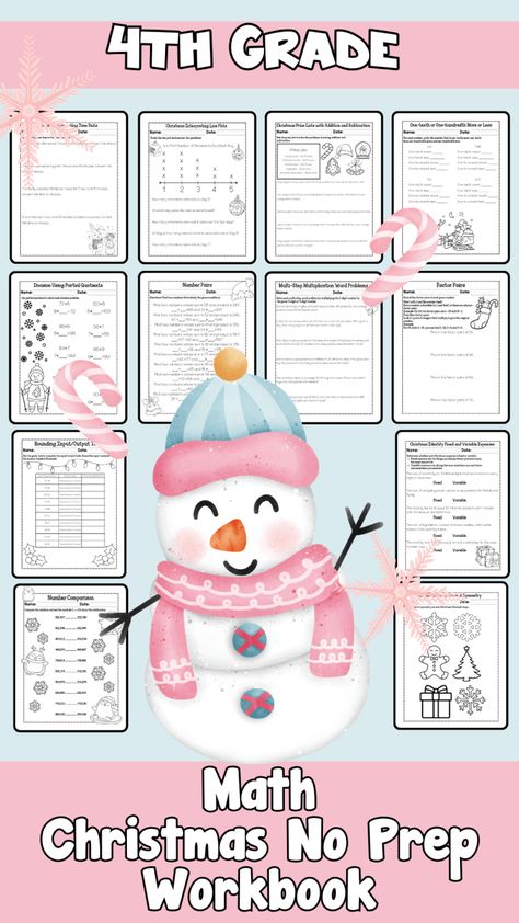 4th Grade No Prep Math Work Book With Christmas Theme Free Christmas Math Worksheets 3rd Grade, Christmas Fractions 4th Grade, Christmas Math 3rd Grade, Math Christmas Activities, Christmas Math Project, Holiday Math Games, 4th Grade Math Test, Holiday Math Activities, Winter Math Activities