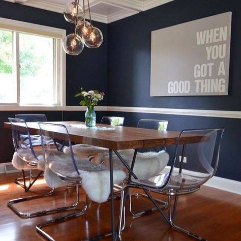 Navy Dining Room Decor, Ghost Chair Dining Room, Ghost Chairs Dining, Blue Dining Room Decor, Dining Room Navy, Navy Paint, Dining Room Remodel, Diy Playbook, Dining Room Blue