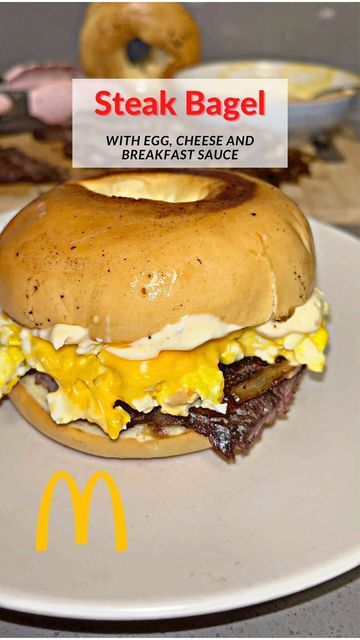 Bagel Sauce, Steak Bagel, Mcdonald's Steak Egg And Cheese Bagel, Steak Egg And Cheese Bagel, Egg And Cheese Bagel, Bagel Sandwich Recipes, Breakfast Popsicles, Steak Breakfast, Mcdonalds Breakfast