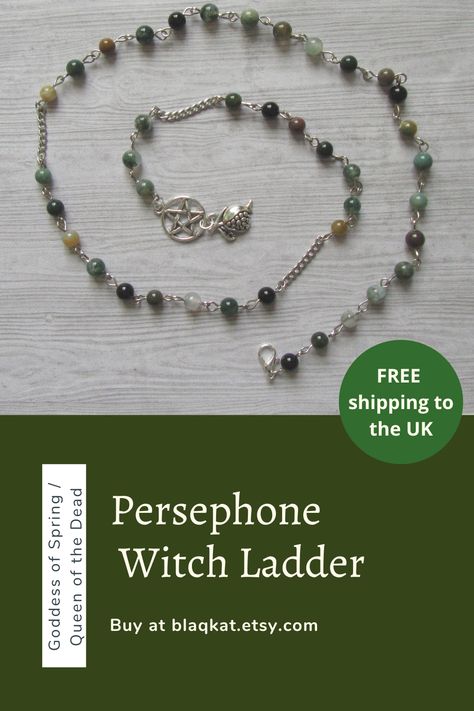 A wonderful companion piece to the Hades Witch Ladder. This Persephone Witch Ladder created by Blaqkat, honours Persephone, the Greek Goddess of Spring as well as the Queen of the dead. Made with smooth Indian Agate gemstone beads as well as some black onyx. This Pagan Prayer bead can be worn as a necklace. A great gift for under £30 with free shipping to the UK (as of posting)

 Visit Blaqkat.etsy.com to see other pagan rosary beads #WitchesLadder #WitchRosary Pagan Rosary, Pagan Prayer Beads, Pagan Prayer, Goddess Of Spring, Indian Agate, Rosary Beads, Greek Goddess, Prayer Beads, Agate Gemstone