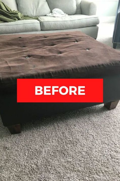 There's no need to throw away your ottoman, breath new life with new fabrics with this DIY upholstery idea. You'll want to check the before and after photos to see that you don't need to buy new furniture if you're decorating on a budget. #diy #ottoman #makeover Decorate Ottoman, Living Room Ottoman Ideas, Ottoman Makeover, Decorating Terra Cotta Pots, Vintage Settee, Diy Upholstery, Diy Ottoman, Modern Coasters, Diy Stairs