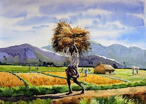 Harvest Painting, Farmer Painting, Village Scene Drawing, Colour Drawing, Drawing Nature, Watercolor Scenery, Buy Paintings Online, Bd Art, Flower Colour