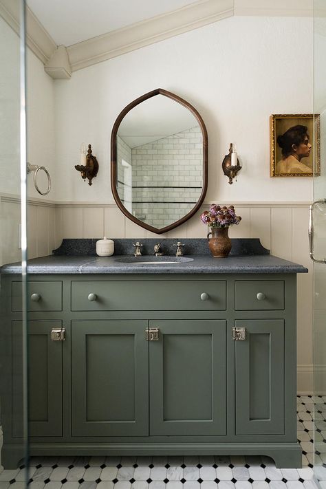 Why this Indiana designer is determined to keep her firm small Seafoam Cabinets, Paint Bathroom Vanity, Whittney Parkinson Design, Whittney Parkinson, Bathroom Cabinet Colors, Paint Bathroom, Tranquil Bathroom, Grey And White Wallpaper, Sophisticated Bathroom