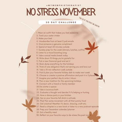 November Wellness Challenge, November Creativity Challenge, November 30 Day Challenge, No November Challenge, November Health Challenge, What To Do In November, November Things To Do, November Event Ideas, November Checklist