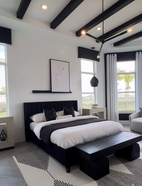 Black Contemporary Bedroom, Black And White Bedding Ideas Modern, Black And White Bedroom Decor Ideas, Men’s Room Ideas Black, Black And White Modern Bedroom, Black And White Bedroom Ideas Luxury, Black And White Rooms, Boack Bed, White Bed Frame Black Comforter