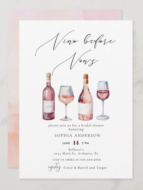 $3.34 | Elegant Watercolor Vino before Vows Bridal Shower Invitation ⭐️ This elegant bridal shower invitation is perfect for wine themed bridal showers. It has a calligraphy script "Vino before Vows" title and watercolor bottles and glasses of pink and red wine. #bridalshowerinvitations #summer #wine #vinobeforevows #cheerstolove #blushpink #unique #rose #modern #champagne // Bridal shower ideas // Bridal shower invites // #bridalshower #wedding #bride #bridetobe #bridalbrunch #bridalparty #ad Wine Bridal Shower Invitations, Vino Before Vows, Bridal Shower Wine Theme, Bridal Shower Wine, Bridal Theme, Unique Bridal Shower, Elegant Bridal Shower, Elegant Watercolor, Bridal Shower Invitations Templates