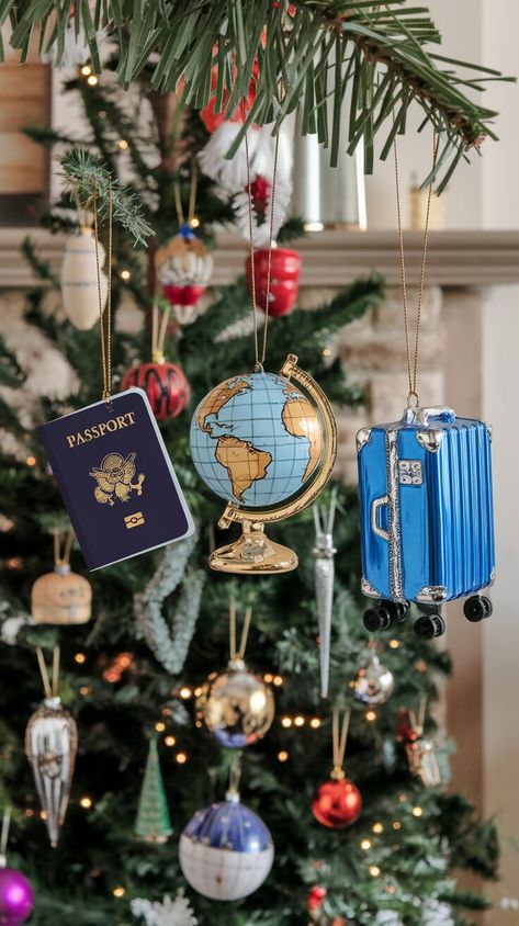 Explore 25 travel-themed Christmas tree ideas perfect for globetrotters. Get inspired with globe ornaments, suitcase decorations, and map garlands for a wanderlust-worthy holiday tree. Travel Christmas Ornaments Diy, Travel Inspired Christmas Tree, Christmas Tree Travel Theme, Travel Ornaments Christmas Tree, Travel Theme Christmas Tree, Travel Christmas Tree Theme, Travel Themed Christmas Tree, Travel Christmas Tree, Travel Party Theme