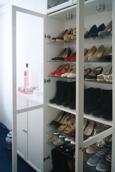 My Ikea Billy shoe closet (and lots of shoes!) - Tatiana's Delights Shoe Storage Apartment, Ikea Shoe Storage, Ikea Glass, Shoe Storage Hacks, Billy Ikea, Closet Ikea, Billy Bookcases, Ikea Shoe, Diy Shoe Storage