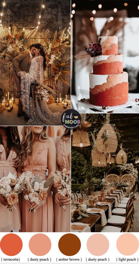 boho wedding decor, terracotta wedding color, boho wedding color theme, amber brown wedding, peach and terracotta wedding Rust Peach Wedding, Brown And Peach Wedding Theme, Terracotta Peach Wedding, Brown And Peach Wedding, Wedding Autumn Colors, Peach And Terracotta Wedding, Amber Wedding Color Palette, Peach Terracotta Wedding, Wedding Brown Theme