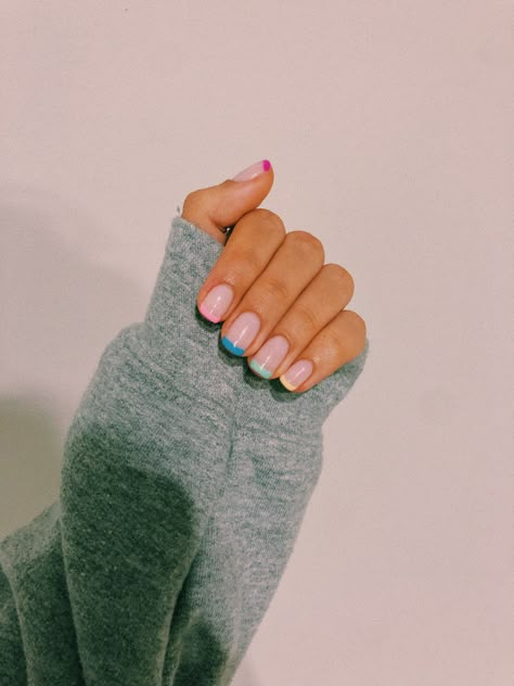 Colored Manicure Tips, French Nail With Color, Different Color Tips Nails, Pastel Colours French Tip Nails, Pastel Tip Nails, Colorful French Tip Nails Pastel, Multi Colored Pink French Tip Nails, Colorful Manicure, French Tip With Pastel Colors