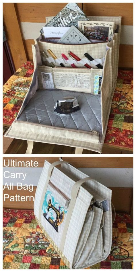 Sewing pattern for the ultimate sewing and quilting bag. The perfect workstation with pressing surface, and the right sized storage for all youur sewing supplies. Sewing pattern for a sewing storage bag, quilting bag, quilting pressing surface. #CarryAllBag #BagSewingPattern #SewABag #CarryAllBag #SewingToteBag #QuiltingBag #AdvancedBagPattern Ironing Pad, Bag Sewing Pattern, Sac Diy, Sewing Storage, Pattern Bag, Modern Bag, Bag Sewing, Sewing Purses, Pattern Sewing