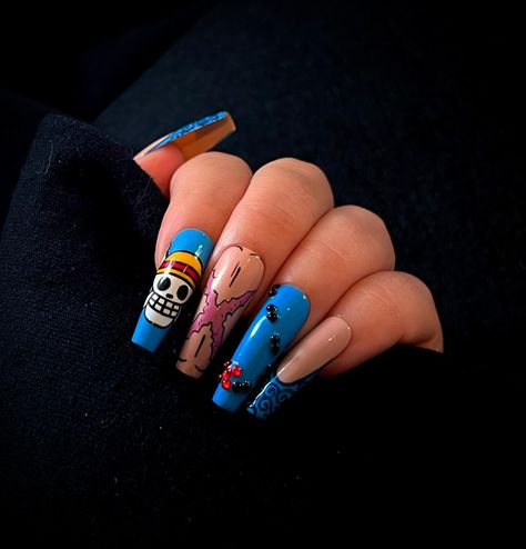 🌴🌊One Piece 🏴‍☠️🛶 - -products from @modelones @rosalindnail - - #onepiecenails #nailart #naildesign #piratenails #animenails #sophisticuticlestudios #summernails #pressonnails #custompressonnails Pirate Nails, The Jolly Roger, Devil Fruit, Pinky Finger, X Marks The Spot, Anime Nails, Style Français, Jolly Roger, Fruit Pattern