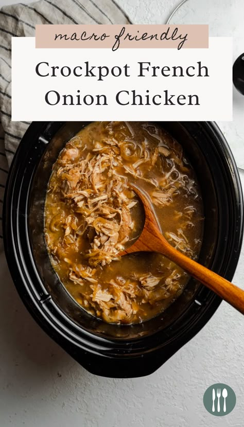 Crockpot Recipes French Onion Chicken, Crockpot Creamy French Onion Chicken And Orzo, Au Jus Chicken Crockpot, Chicken And Onions Crockpot, French Onion Chicken Healthy, Chicken And Onion Crockpot Recipes, Juicy Crockpot Chicken, Crockpot Chicken Macro Friendly, Clean Crockpot Chicken Recipes