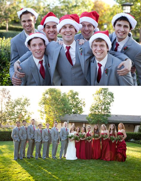 Christmas Wedding Attire, Christmas Wedding Ideas, Christmas Wedding Themes, Wedding Ideas On A Budget, Grey Wedding, Wedding Groomsmen, Winter Wonderland Wedding, Santa Hats, Wonderland Wedding