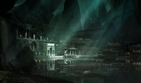 ArtStation - City underground, Antoine Lysson Underground Castle Fantasy Art, Underground Ruins Fantasy Art, Underground Kingdom Fantasy Art, Underground City Aesthetic, Underground Fantasy City, Underground City Art, Cave City Fantasy Art, Underground City Concept Art, Underground Ruins