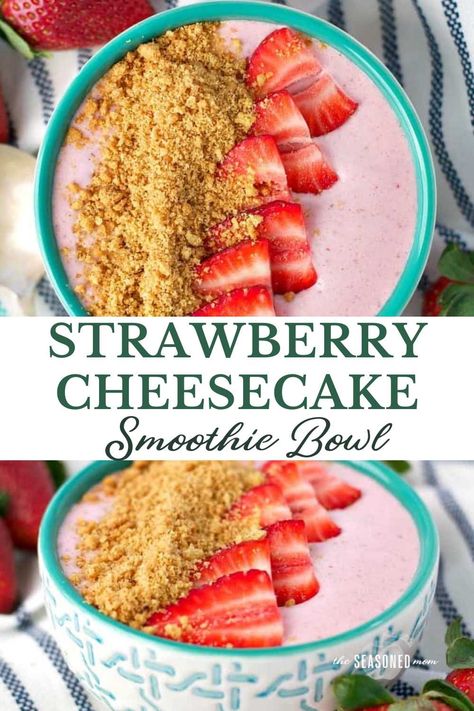 Start your day with a thick, creamy and protein-packed strawberry smoothie that you can eat with a spoon! Topped with crushed wholegrain graham crackers and fresh fruit, this healthy Strawberry Cheesecake Smoothie Bowl is like having dessert for breakfast! At Home Smoothie Bowl, Smoothie Ideas Fruit, Cottage Cheese Smoothie Bowl, Healthy Breakfast Smoothie Bowls, Ninja Creami Smoothie Bowl Recipe, Ninja Creami Smoothie Bowls, Smoothie Bowl Kids, Healthy Protein Dinner, Smoothie Bowls Recipes