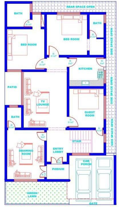 Small Apartment Complex Plans, 1200sq Ft House Plans, Bungalow House Floor Plans, Drawing House Plans, Small House Design Architecture, Cottage House Designs, 2bhk House Plan, Unique House Plans, Bungalow Floor Plans