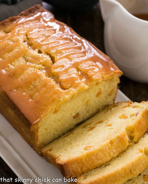 Peach Glaze For Cake, Peaches And Cream Cheese Loaf, Peach Loaf, Peach Cake Recipe, Peach Pound Cake, Cake Glaze, Coffee Cake Loaf, Peach Cake Recipes, Peach Glaze