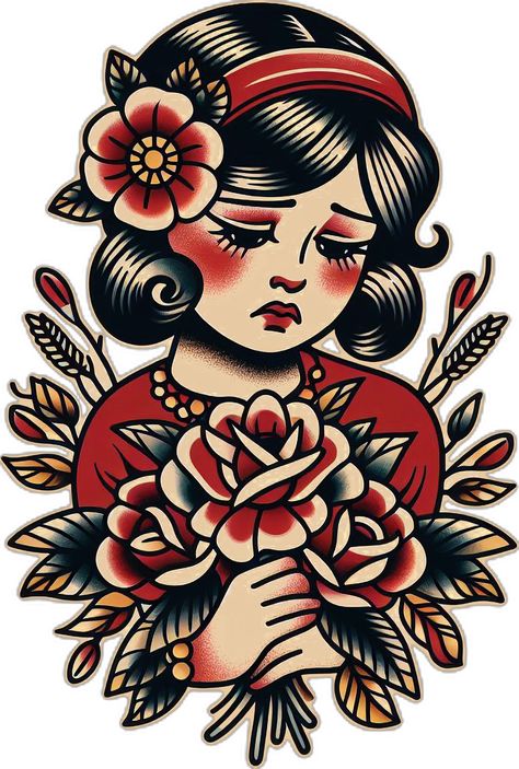 Traditional Tattoo Girl Head, Traditional Tattoo Woman Face, Traditional Tattoo Painting, Traditional Tattoo Girls, American Traditional Tattoo Flash, Traditional Tattoo Prints, Traditional Tattoo Woman, Traditional Tattoo Flowers, Tattoo Apprenticeship