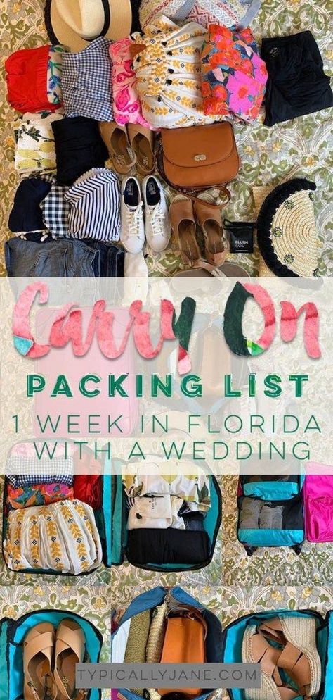 Carry On Packing List | 1 Week in Florida with a Wedding, carry-on, packing list Packing List For Florida, Miami Packing List, Weekend Getaway Packing List, Carry On Packing List, Weekend Getaway Packing, Carry On Packing, Beach Packing, Packing List For Vacation, Packing Checklist