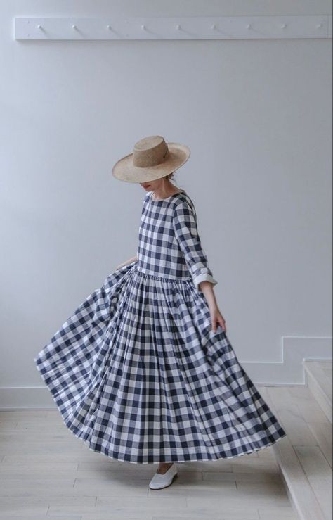 Blue Gingham Dress, Checked Dress, Sleek Chic, Navy Gingham, Dress Korean, Cabbages, Sleep Wear, Antique Dress, Check Dress