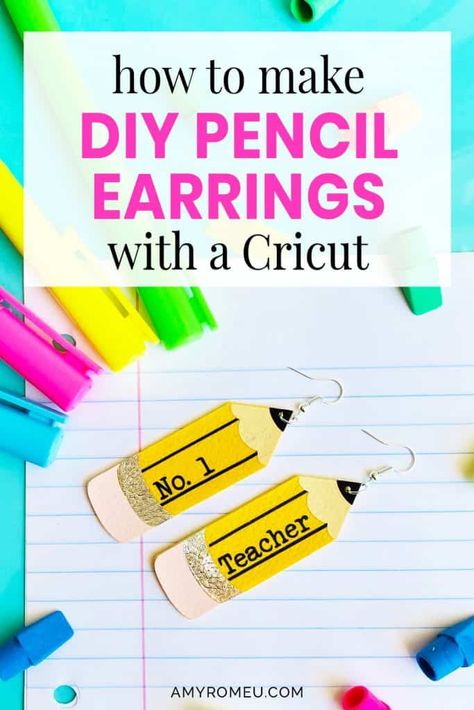 How to Make DIY Pencil Earrings with a Cricut for Teacher Appreciation Week or Back To School. Tutorial & SVG file at amyromeu.com Teacher Earrings Cricut, Cricut Classroom, Teaching Gifts, Teacher Cricut, Cricut Teacher, School Earrings, Pencil Earrings, Faux Earrings, Cricut Earrings