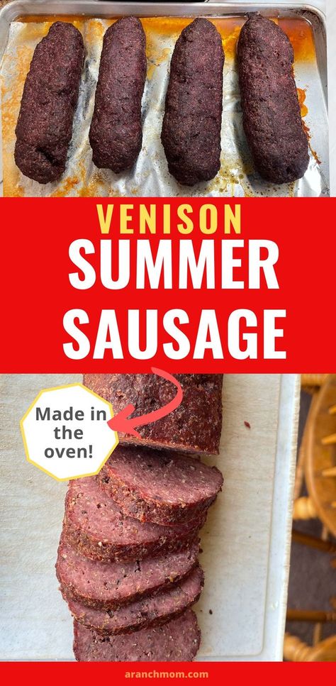 venison summer sausage sliced on cutting board Venison Summer Sausage Recipe In Oven, Venison Ground Meat Recipes, Venison Summer Sausage, Venison Summer Sausage Recipe, Homemade Summer Sausage, Venison Jerky Recipe, Venison Sausage Recipes, Summer Sausage Recipes, Sausage Making Recipes