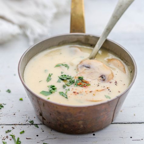 CHICKEN VELOUTE SAUCE — French Cooking Academy Chicken Veloute, Mushroom Pork Chops, French Sauces, French Recipes, Low Carb Sauces, Gravy Sauce, Herb Chicken, Cooking Sauces, Fish Stock