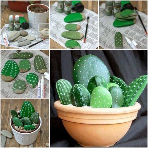 Stone Cactus, Painted Rock Cactus, Rock Cactus, Faux Cactus, Unique Garden Art, Cactus Diy, Painted Rocks Diy, Garden Art Projects, Stone Crafts