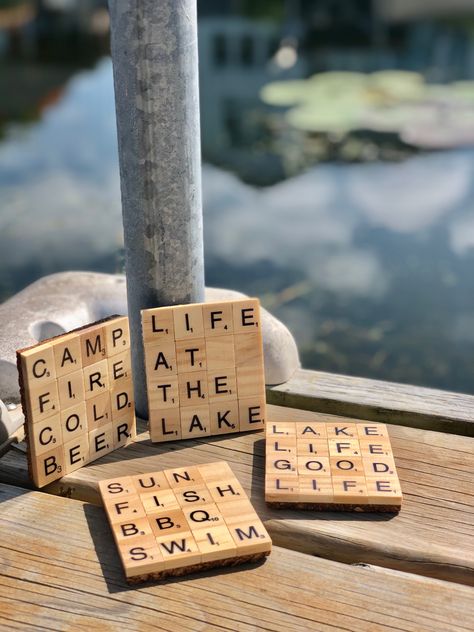 Scrabble Tile Coasters Diy, Scrabble Themed Party, Scrabble Coasters Diy, Scrabble Tile Crafts Diy, Christmas Scrabble Tiles, Scrabble Tile Coasters, Scrabble Diy, Scrabble Tiles Coasters, Scrabble Letter Crafts