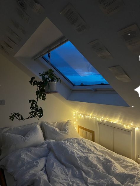 Bunk Bed Attic Room, Attic Apartment Aesthetic, Room Inspo For Attic Room, Skylight Window Bedroom, Small Room Ideas Slanted Roof, Bedroom Ideas Roof Slope, Room Ideas Aesthetic Loft, Skylight Bedroom Aesthetic, Slopped Roof Bedroom Ideas