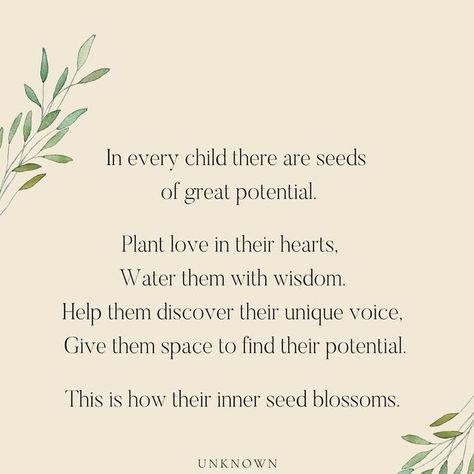 We Nurture | Waldorf Inspired Parenting on Instagram: "Just like every seed that becomes a tree or flower your child carries seeds of potential that can fully blossom when nurtured with unconditional love and in freedom to express who they are. I believe that our most important role as parents is to nurture and guide our children to discovering who they are as they grow and develop. There is a beautiful seed within each child and each child comes to earth with their own individual need to know Quotes About Seeds And Growth, Quotes Children Growing Up, Quotes About Nurturing, Seed Quotes Inspiration, Seeds Quotes, Nurture Quote, Waldorf Quotes, Quotes About Children Growing Up, Flower Child Quotes