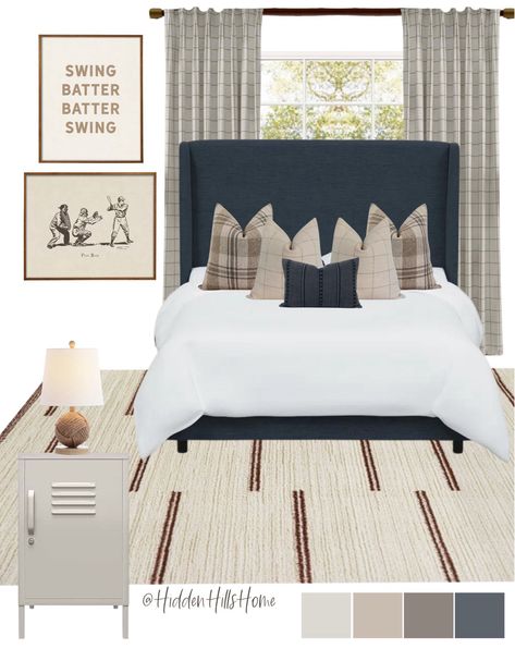 Shop Tilly Upholstered Bed and other curated products on LTK, the easiest way to shop everything from your favorite creators. Vintage Baseball Room, Boys Baseball Bedroom, Baseball Bedroom Decor, Baseball Themed Bedroom, Tilly Upholstered Bed, Shared Boys Rooms, Boy Sports Bedroom, Baseball Bedroom, Boys Room Design