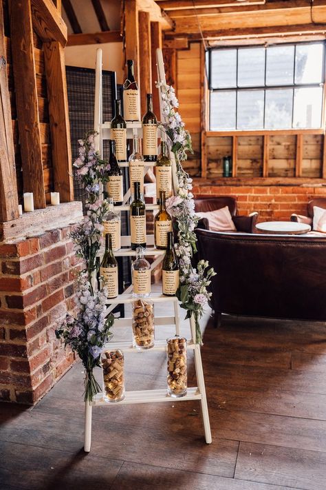 Ladder Table Plan, Wedding Wine Table, Wine Inspired Wedding, Ladder Wedding, Lauren Mitchell, Spanish Style Wedding, Wedding Wine Bottles, Wedding Bottles, Country Chic Wedding