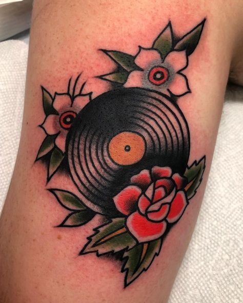 Record Traditional Tattoo, Vinyl Traditional Tattoo, Vinyl Record Tattoo Traditional, Traditional Vinyl Tattoo, Music American Traditional Tattoo, Traditional Record Tattoo, Vinyl Tatoos, Mod Tattoo 60s, American Traditional Disco Ball Tattoo