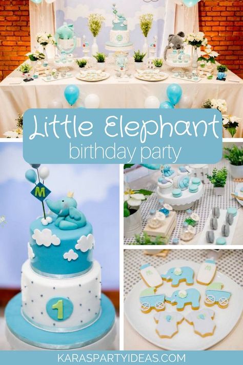 Little Elephant Birthday Party via Kara's Party Ideas - KarasPartyIdeas.com Elephant Party Theme, 1rst Birthday, 1st Birthday Boy Themes, Birthday Elephant, Cake Balloon, Elephant Birthday Party, Party Ideas Birthday, Peanuts Birthday, Elephant Cake